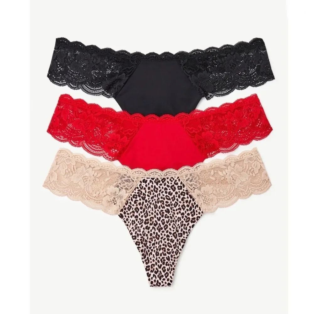 Women's Microfiber & Lace Thong Panties Underwear 2, 3-Packs Size XXL
